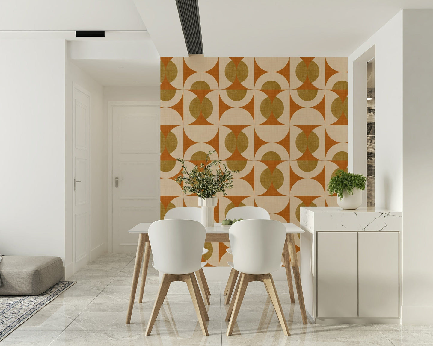 Patterned wallpaper with textured arcs and circles in terracotta and mustard colors.