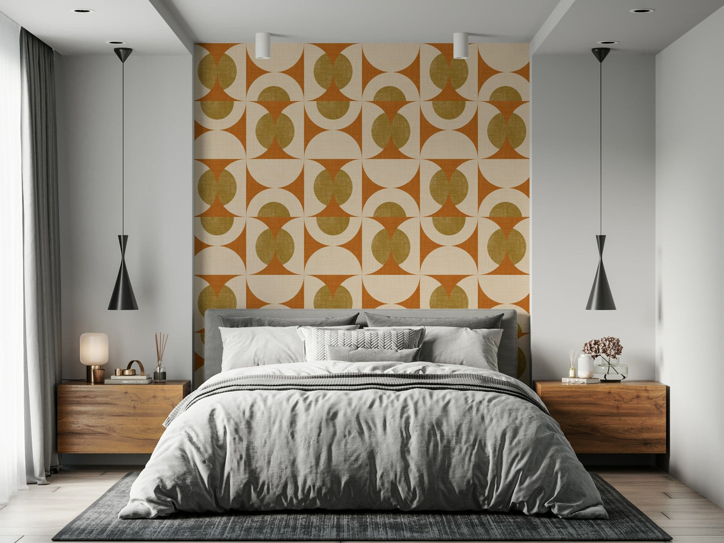 Vintage-style wallpaper featuring layered arcs and circular shapes in warm muted shades.