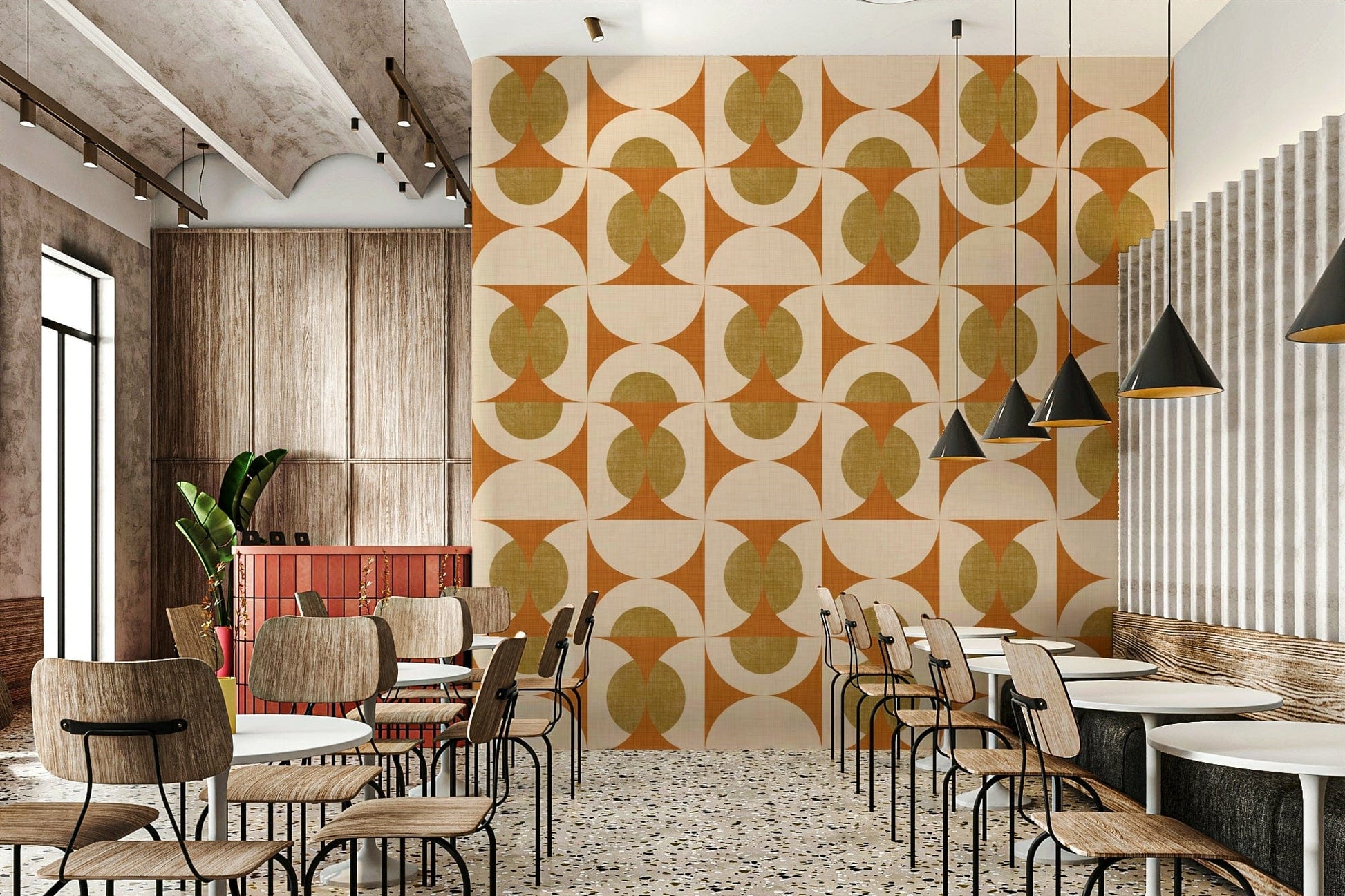 Geometric arc pattern wallpaper with bold curved designs arranged in a rhythmic grid.