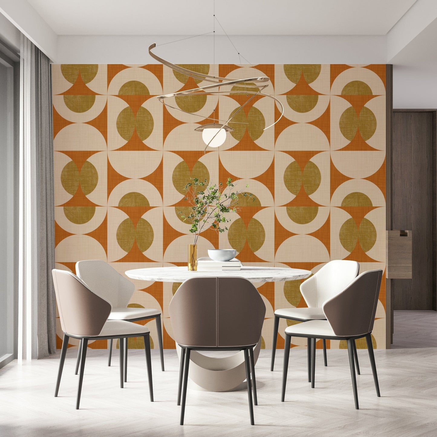 Retro-inspired wallpaper showcasing overlapping semicircles in terracotta, cream, and mustard hues.