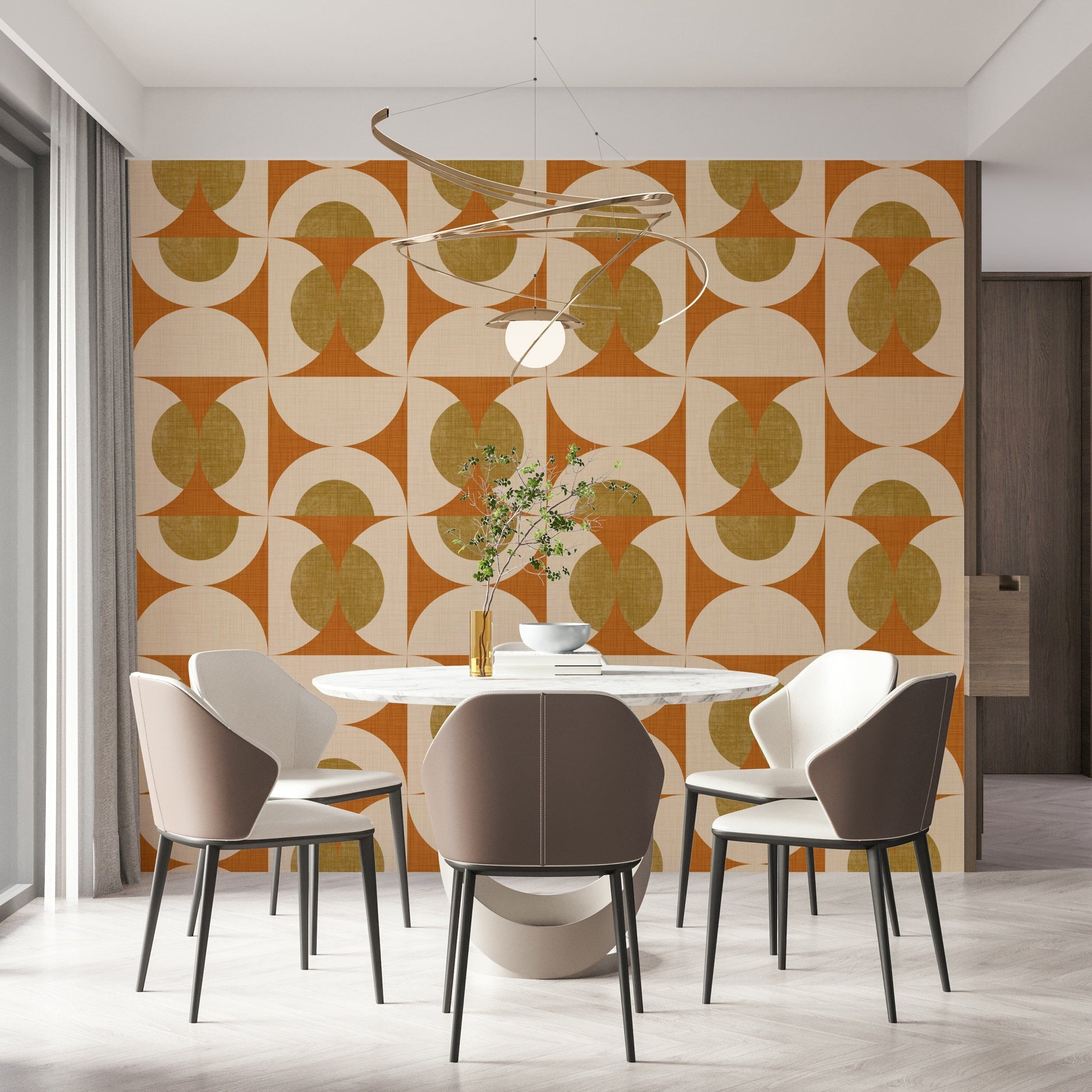 Retro-inspired wallpaper showcasing overlapping semicircles in terracotta, cream, and mustard hues.