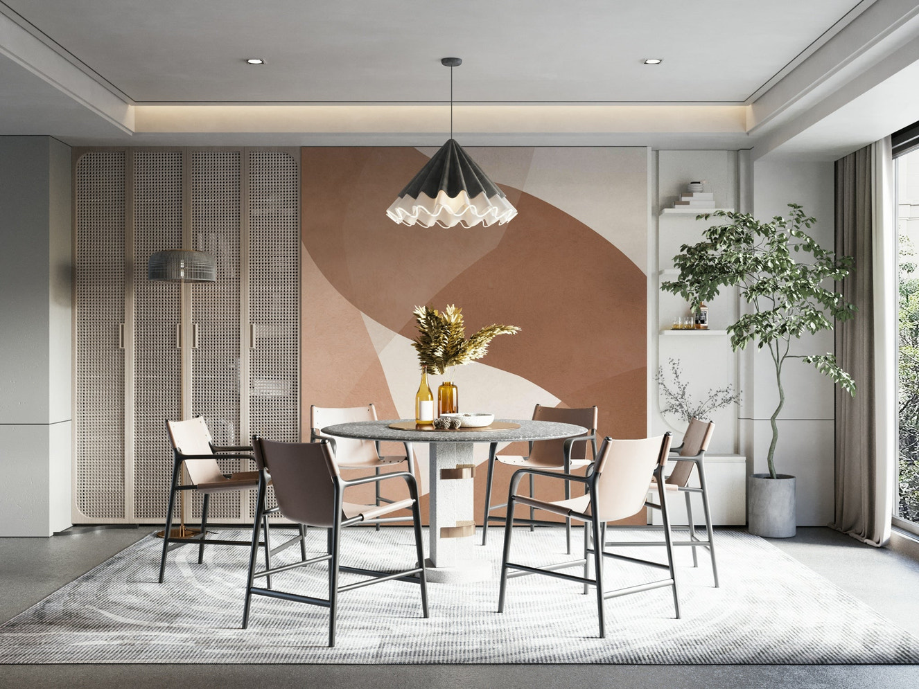 A wall mural with a dynamic swirling pattern.

