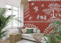 Bohemian style wall decor in a guest bedroom with natural wood furniture.