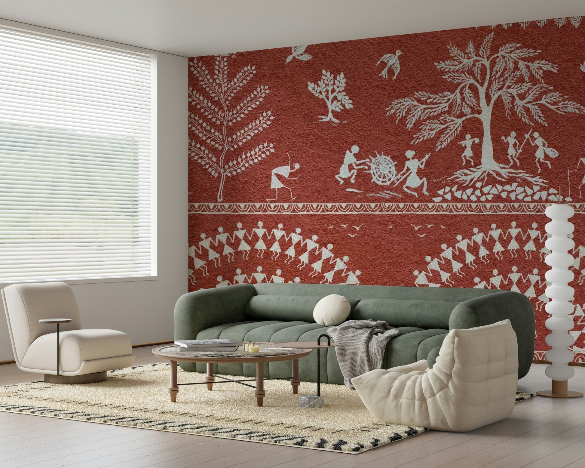 Earthy orange and clay wall decor for a mid-century living room feature wall.