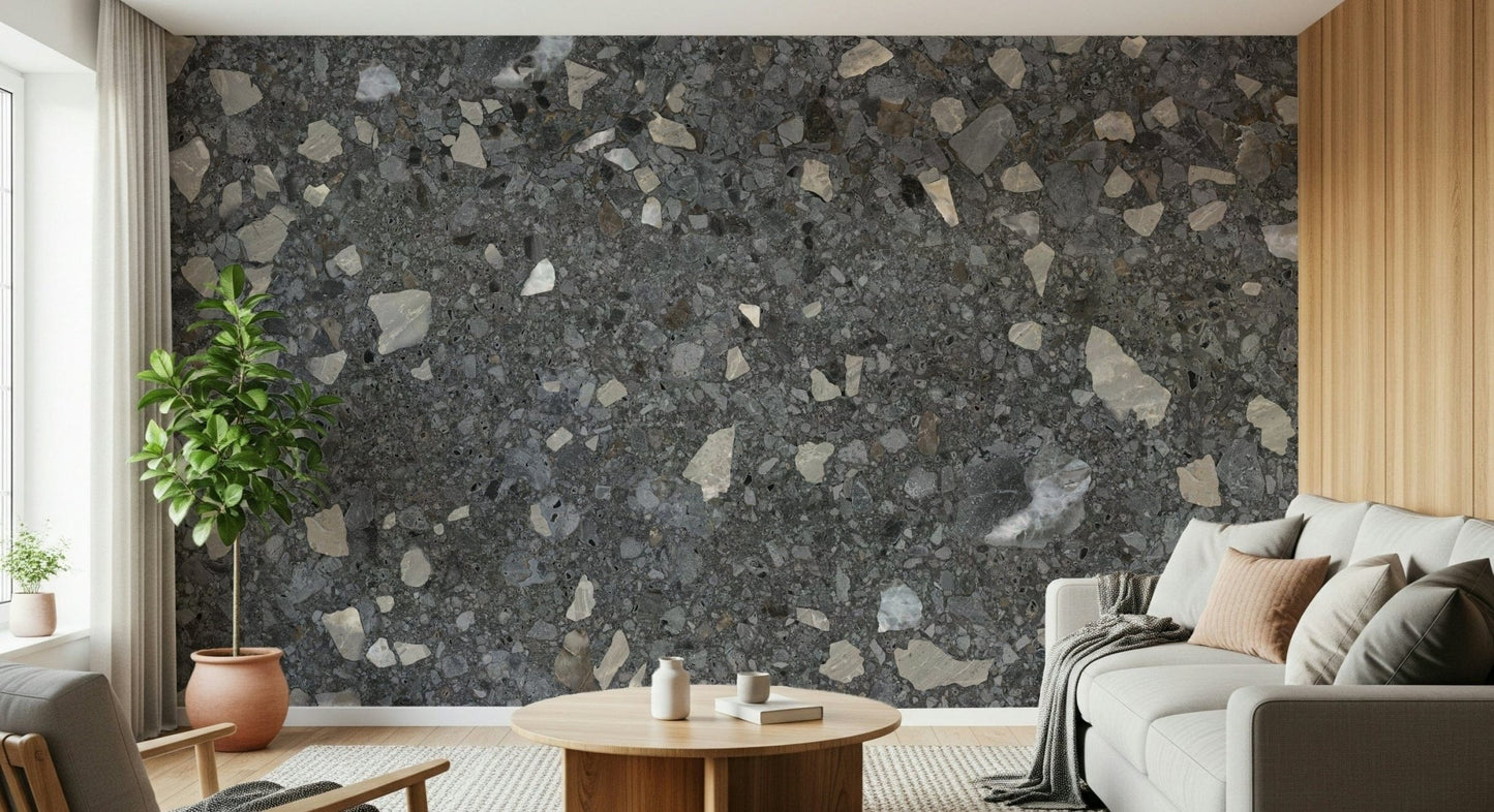 Wall mural with large stone inclusions. Terrazzo look.