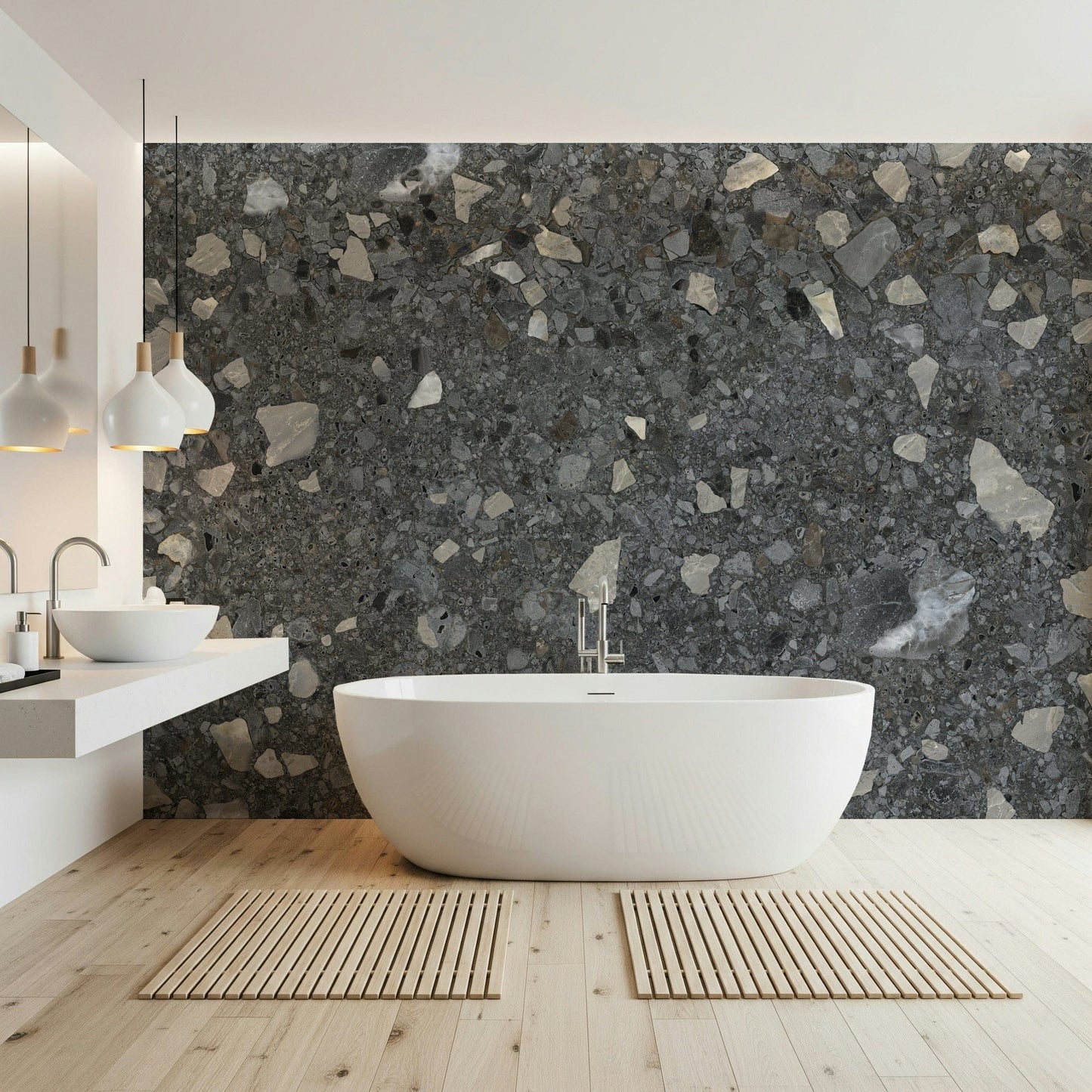 Sleek marble chips mural. Rich, dark aggregate design.