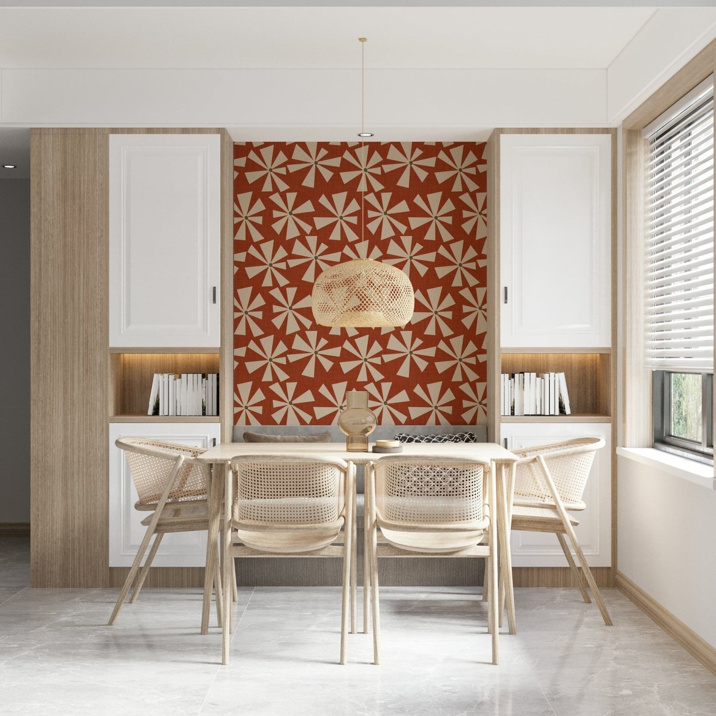 Chic mid-century wallpaper with starburst floral elements in a vintage sunset colorway.