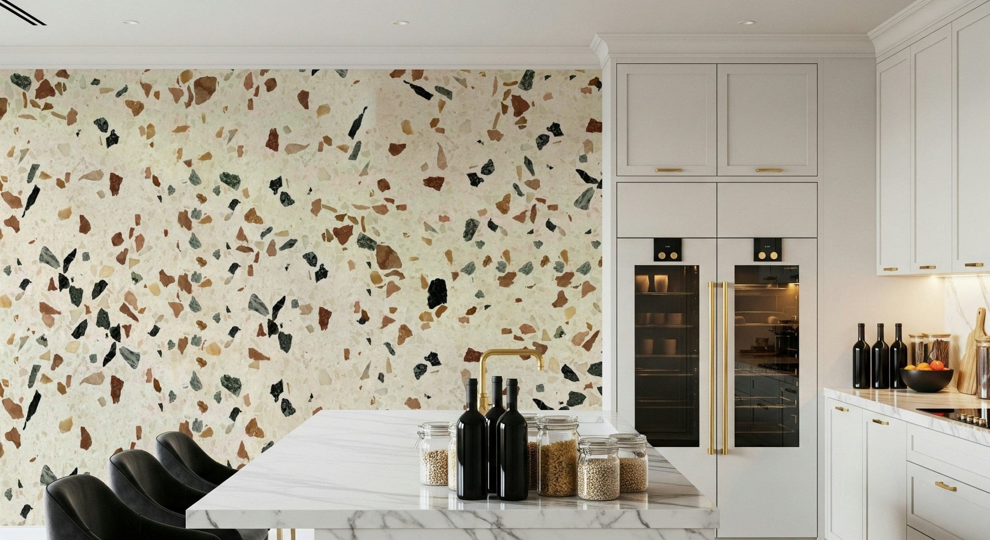Decorative natural stone flecks wallpaper, bespoke home décor.