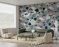 A peaceful speckled pattern mural on decorative wallpaper.