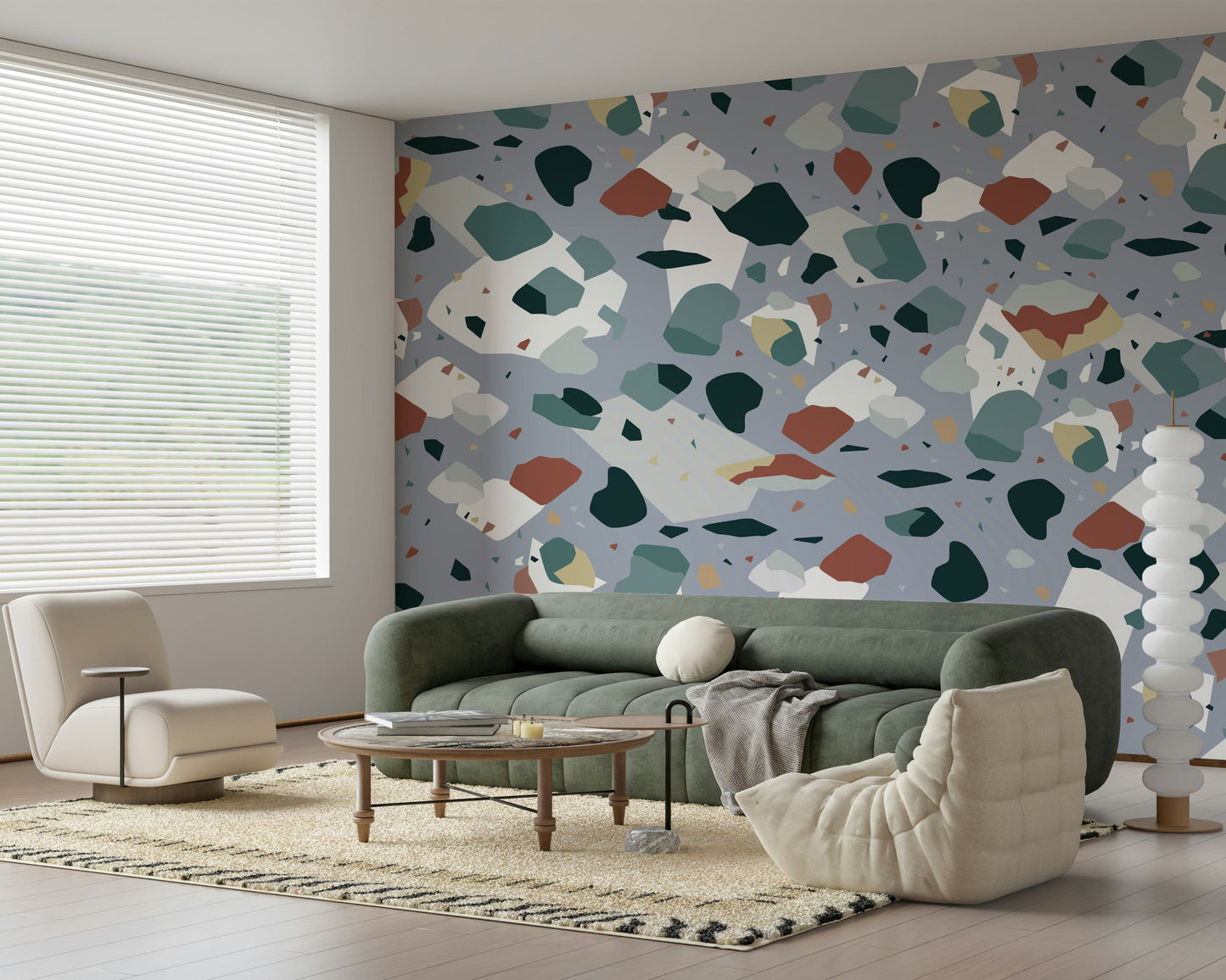 An artistic contemporary speckled mural on minimalist wallpaper.