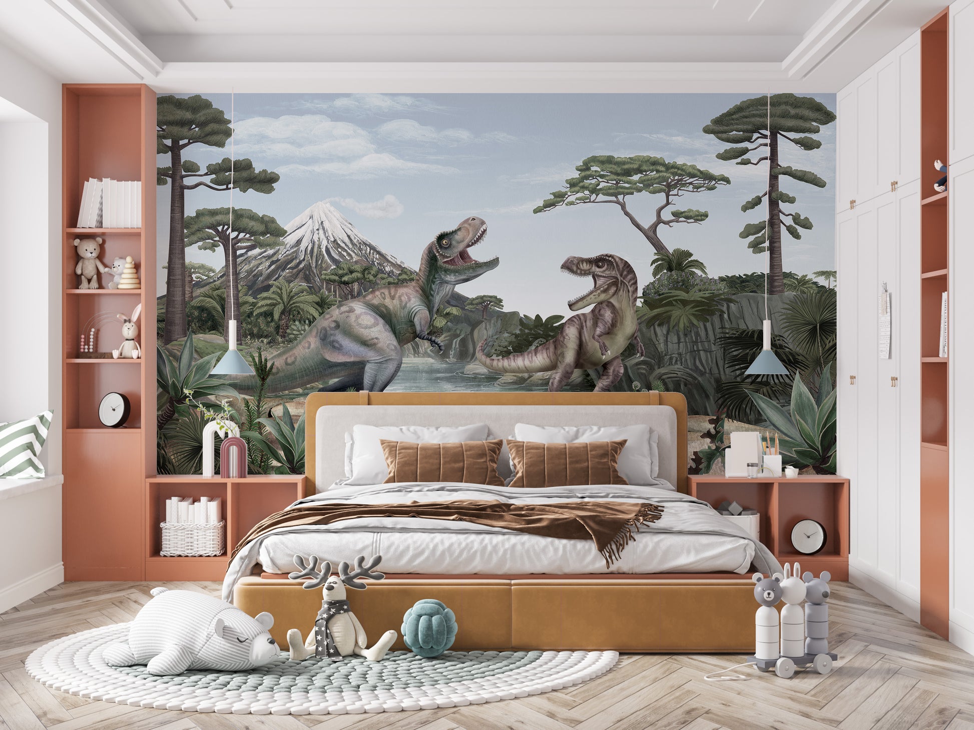 Terrific T-Rex dinosaur mural wallpaper with lush scenery