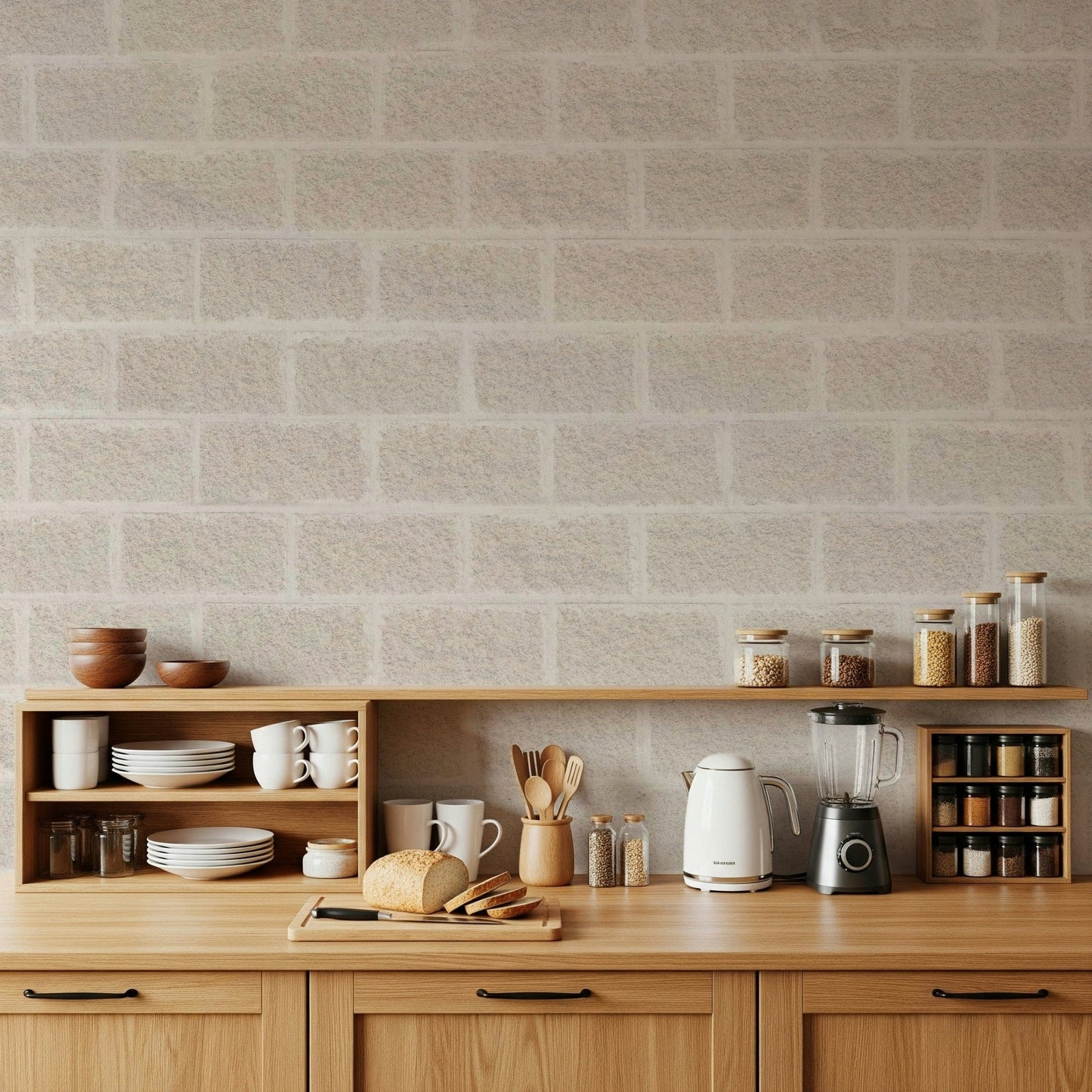 Textured Beige Bricks Wall Mural featuring realistic light brown brick patterns for warm, cozy interiors.