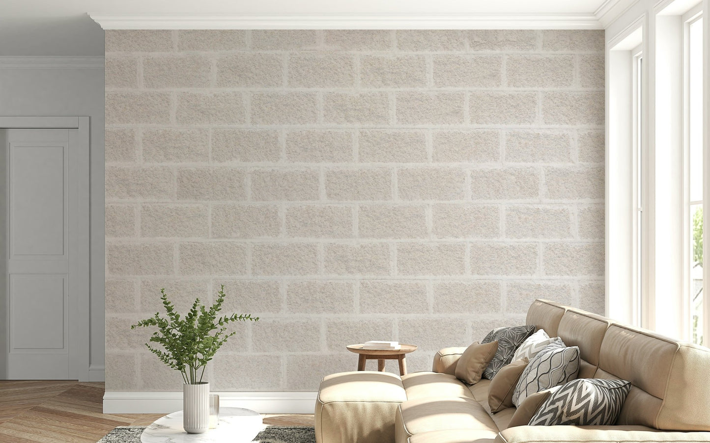 Rustic beige brick wallpaper mural with worn finish for a farmhouse or loft-inspired aesthetic.