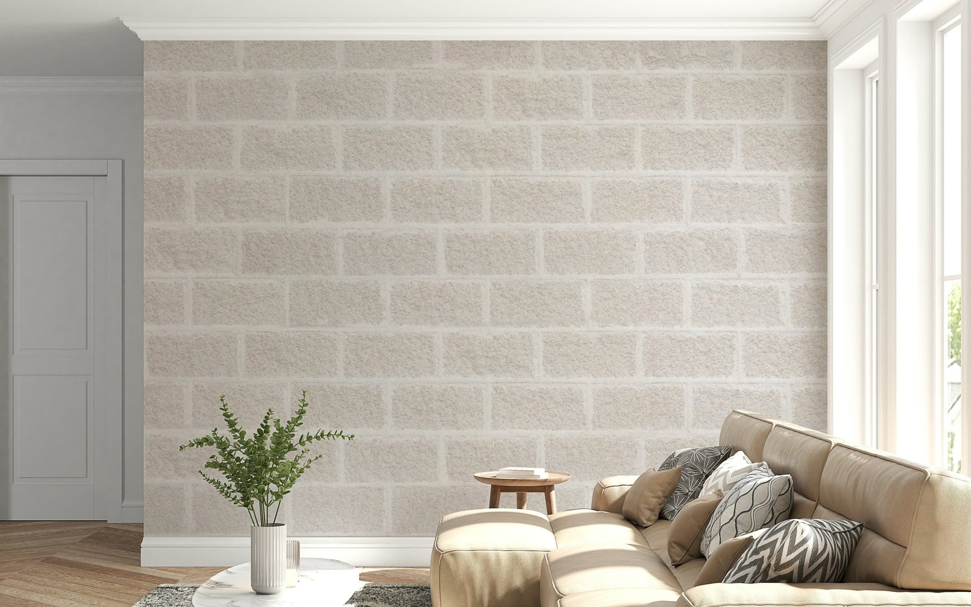 Rustic beige brick wallpaper mural with worn finish for a farmhouse or loft-inspired aesthetic.