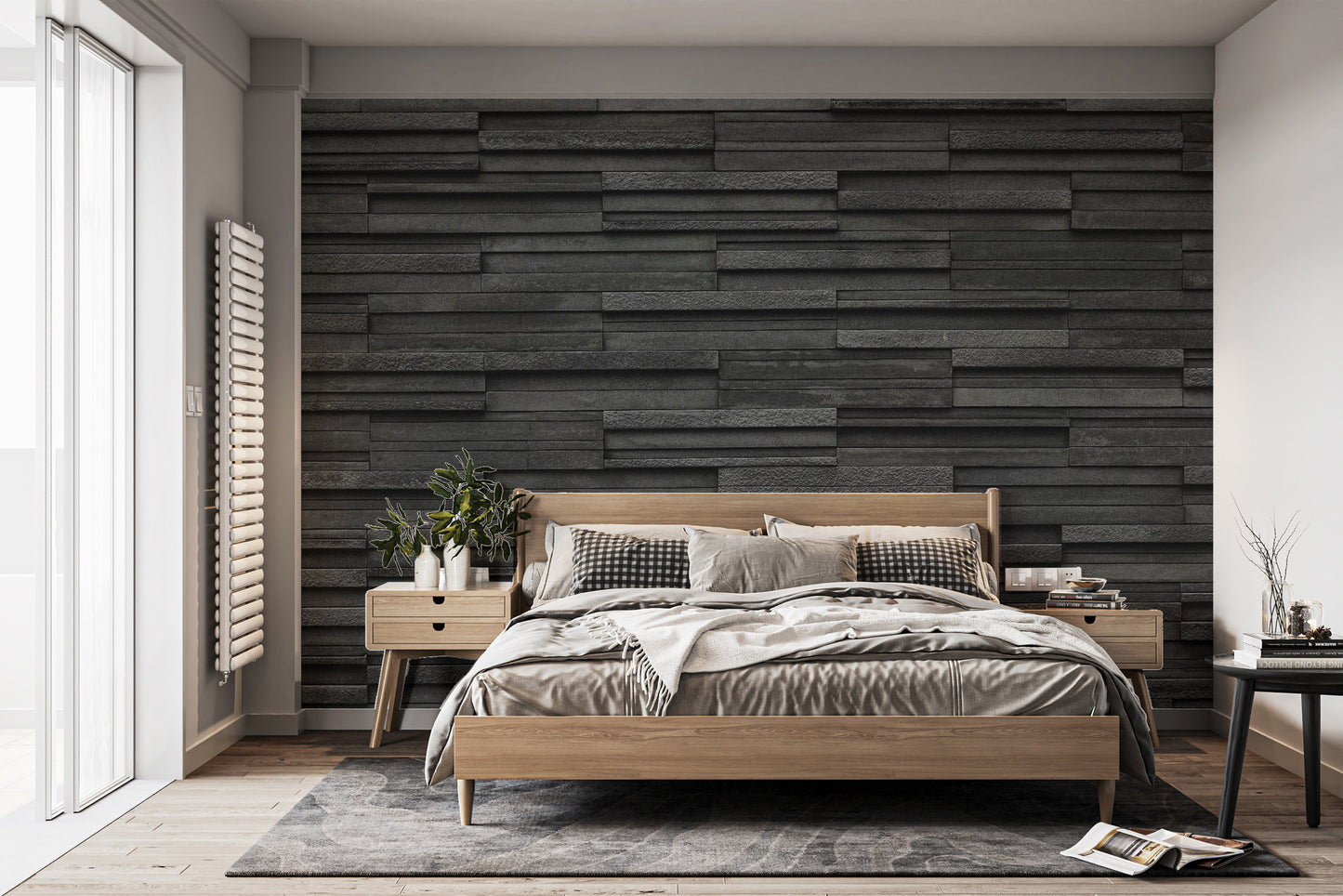 Minimalist black stone wall mural with high-definition masonry details.