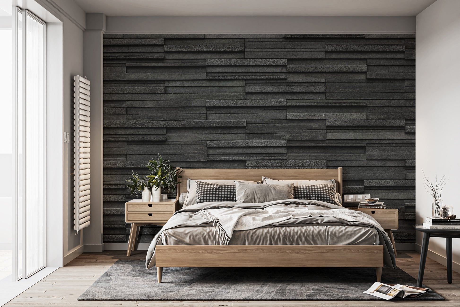 Minimalist black stone wall mural with high-definition masonry details.