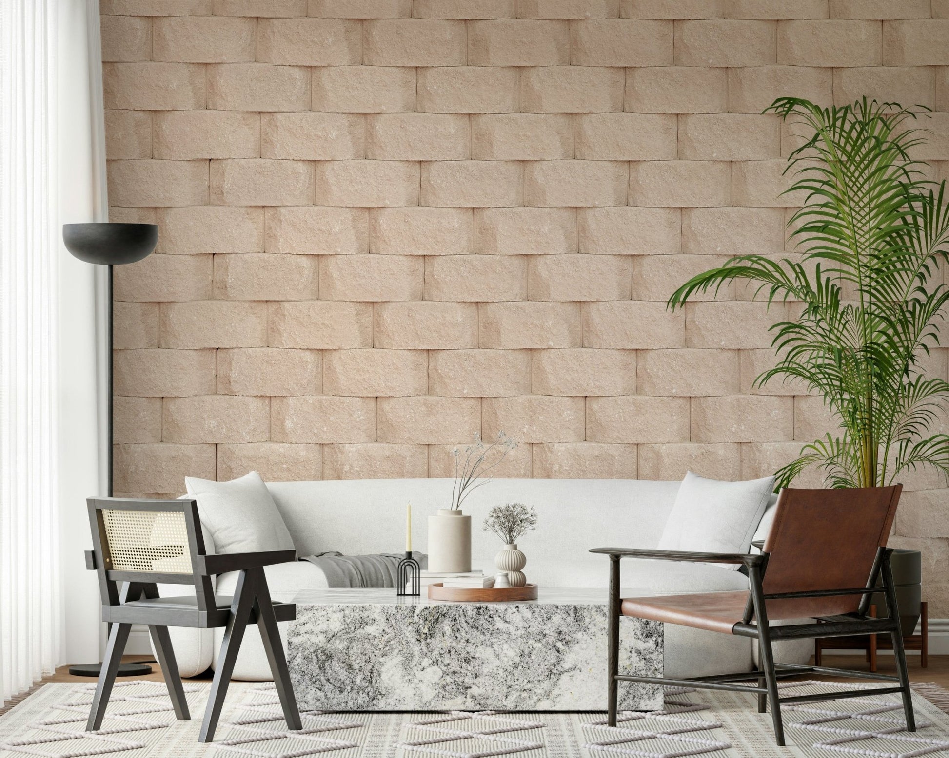 Textured wall mural with distressed white plaster creating a cozy, vintage, or farmhouse-style accent wall.