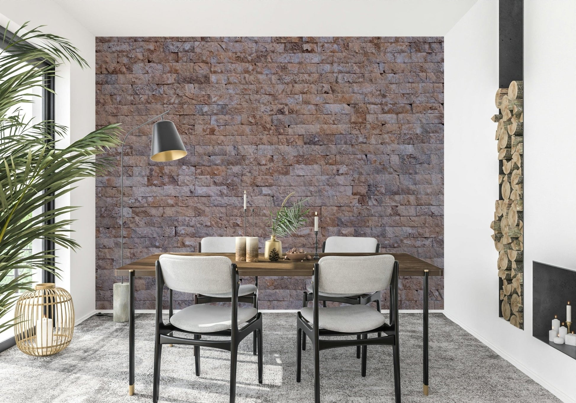 Weathered brick wallpaper mural with a mix of warm and neutral tones for stylish interior design.