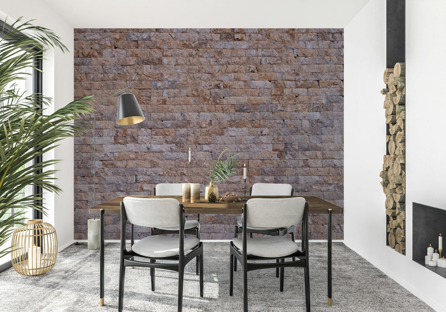 Weathered brick wallpaper mural with a mix of warm and neutral tones for stylish interior design.