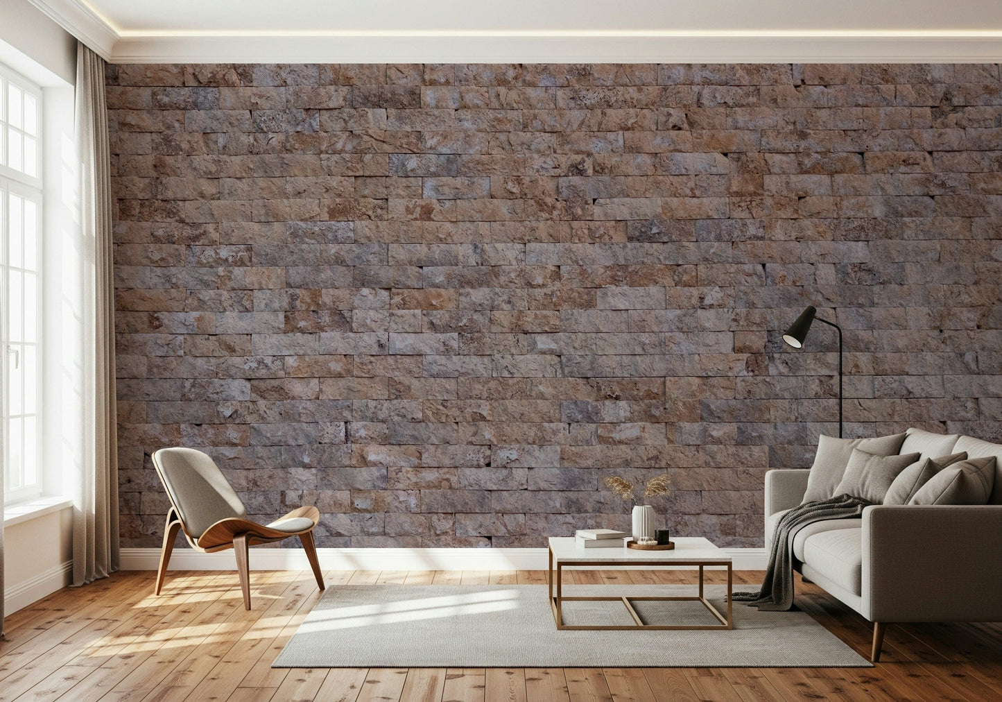 Realistic brick texture mural with three-dimensional effect for accent walls in living rooms or offices.