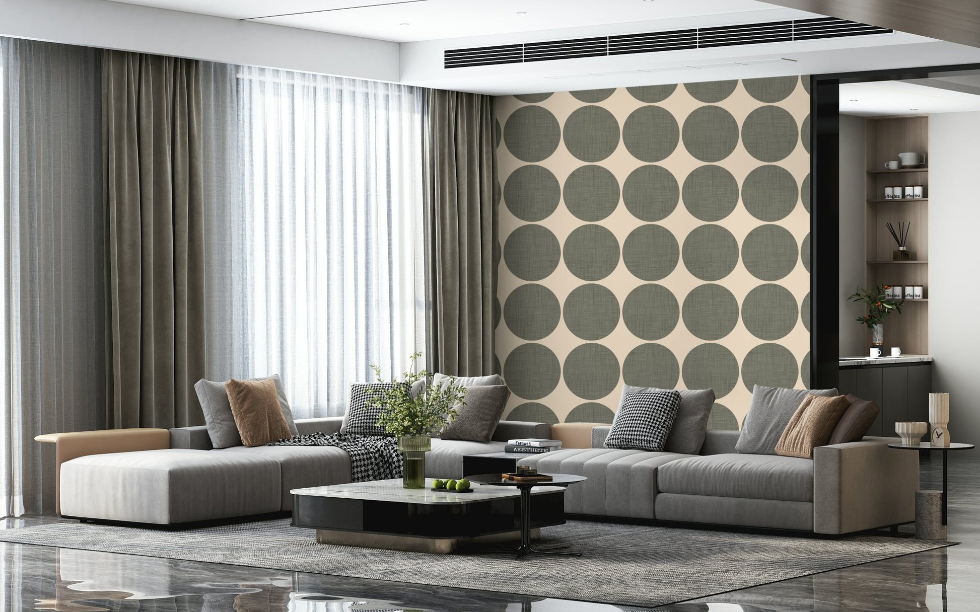 Simple geometric pattern with uniform green circles contrasting against an off-white background