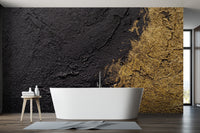 Warm yellow gold wallpaper mural with organic swirling mineral patterns bathroom.