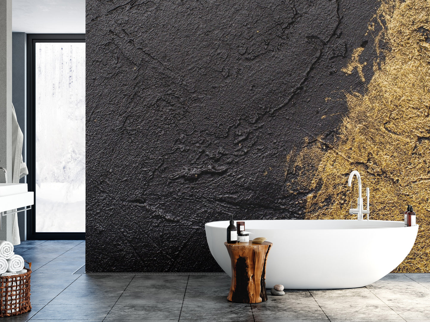 Modern geometric gold wallpaper mural with a matte and gloss contrast.