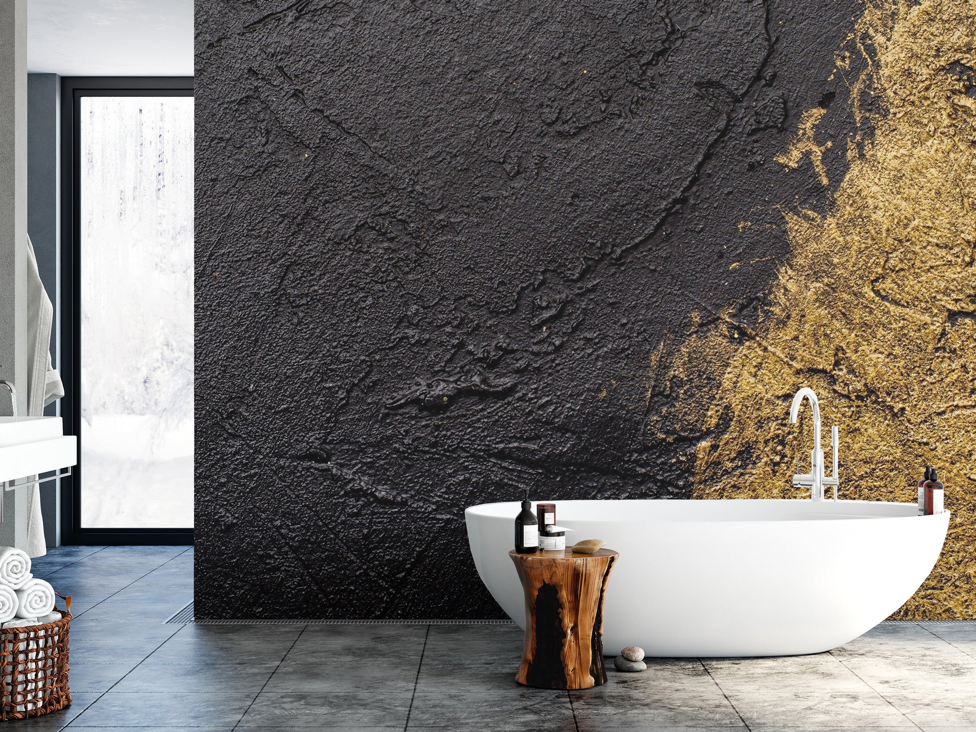 Modern geometric gold wallpaper mural with a matte and gloss contrast.