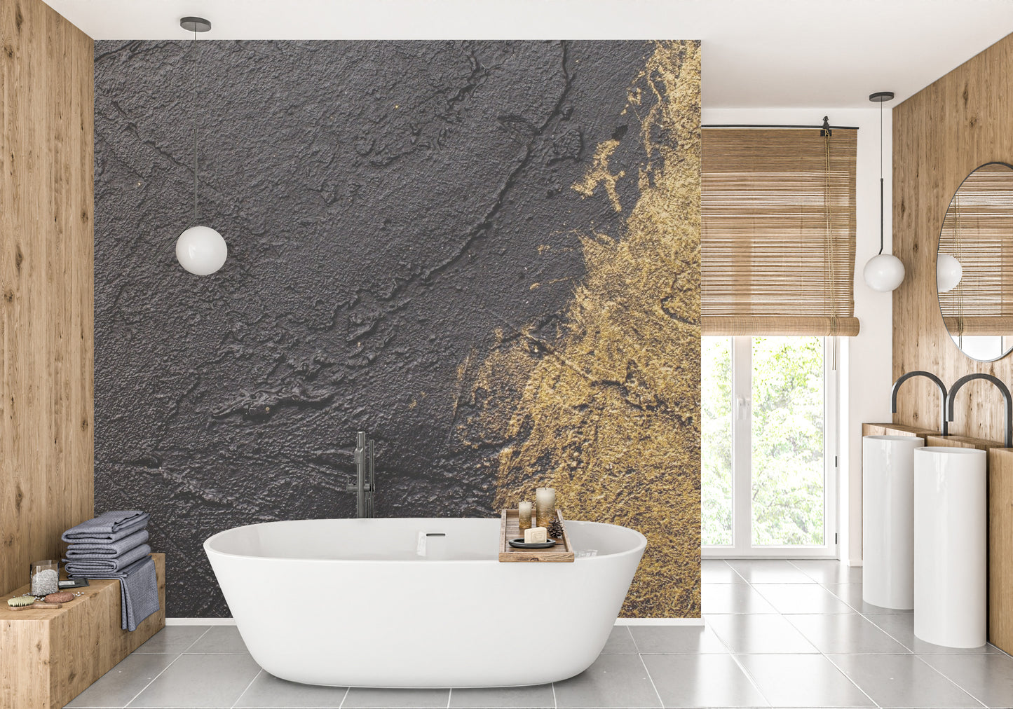 Dual tone gold bathroom wall mural depicting layered metallic palette knife strokes 