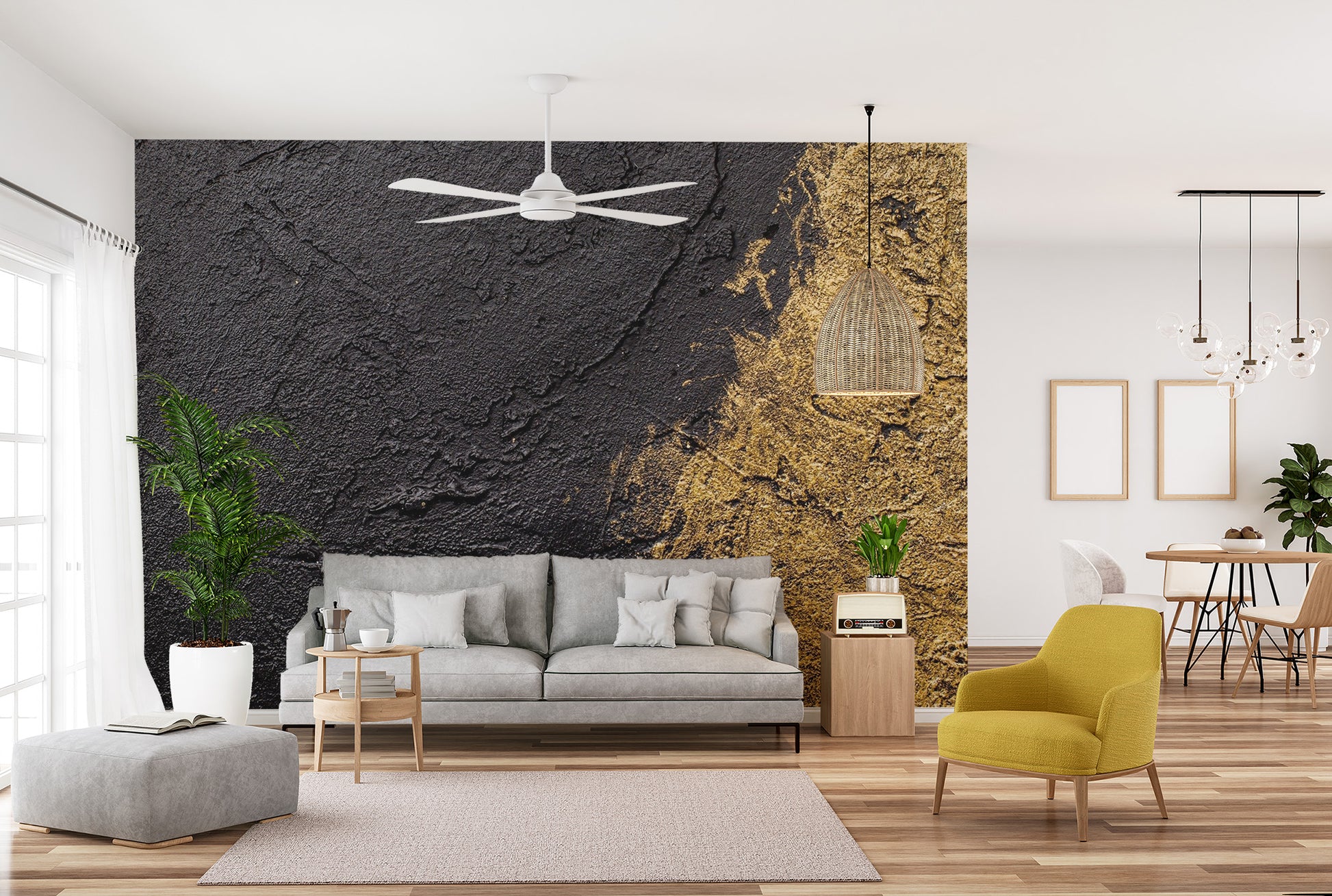 Luxury gold leaf effect wall mural featuring deep amber and champagne hues living room.