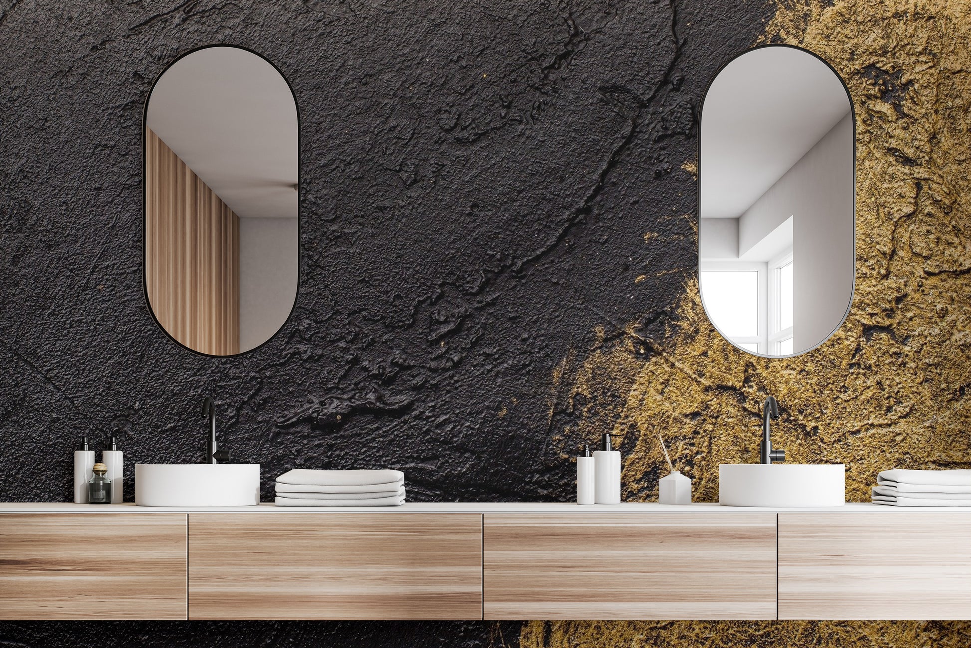 Abstract gold and bronze bathroom wallpaper with a distressed metallic  texture.