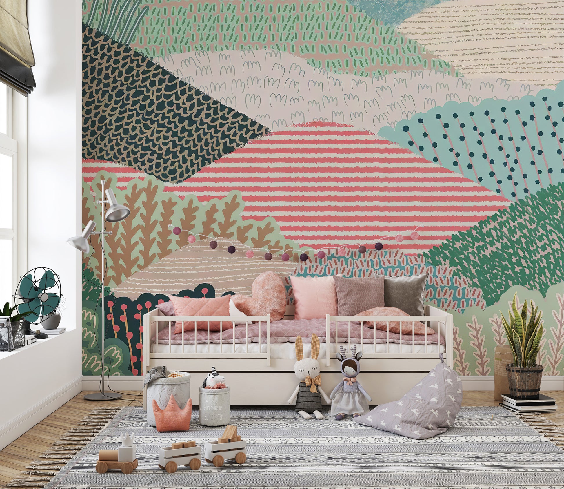 Turn kids rooms into outdoor-inspired retreats with textured landscape mural
