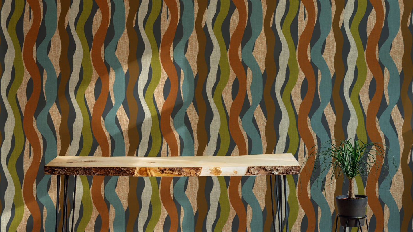 Textured Organic Stripe Waves Charcoal Wallpaper