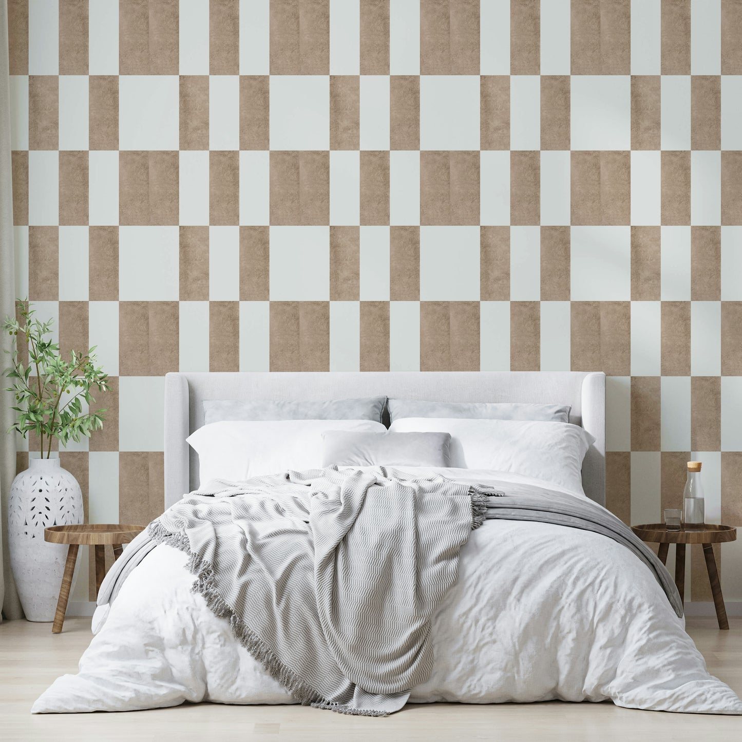 Textured Taupe & White checkerboard wallpaper mural behind a white upholstered bed with white bedding