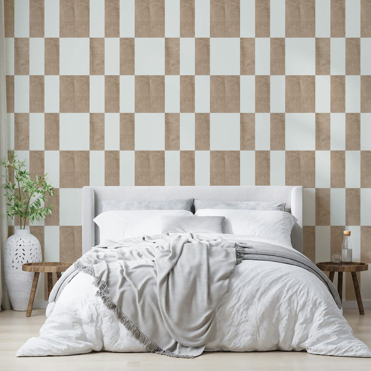 Textured Taupe & White checkerboard wallpaper mural behind a white upholstered bed with white bedding