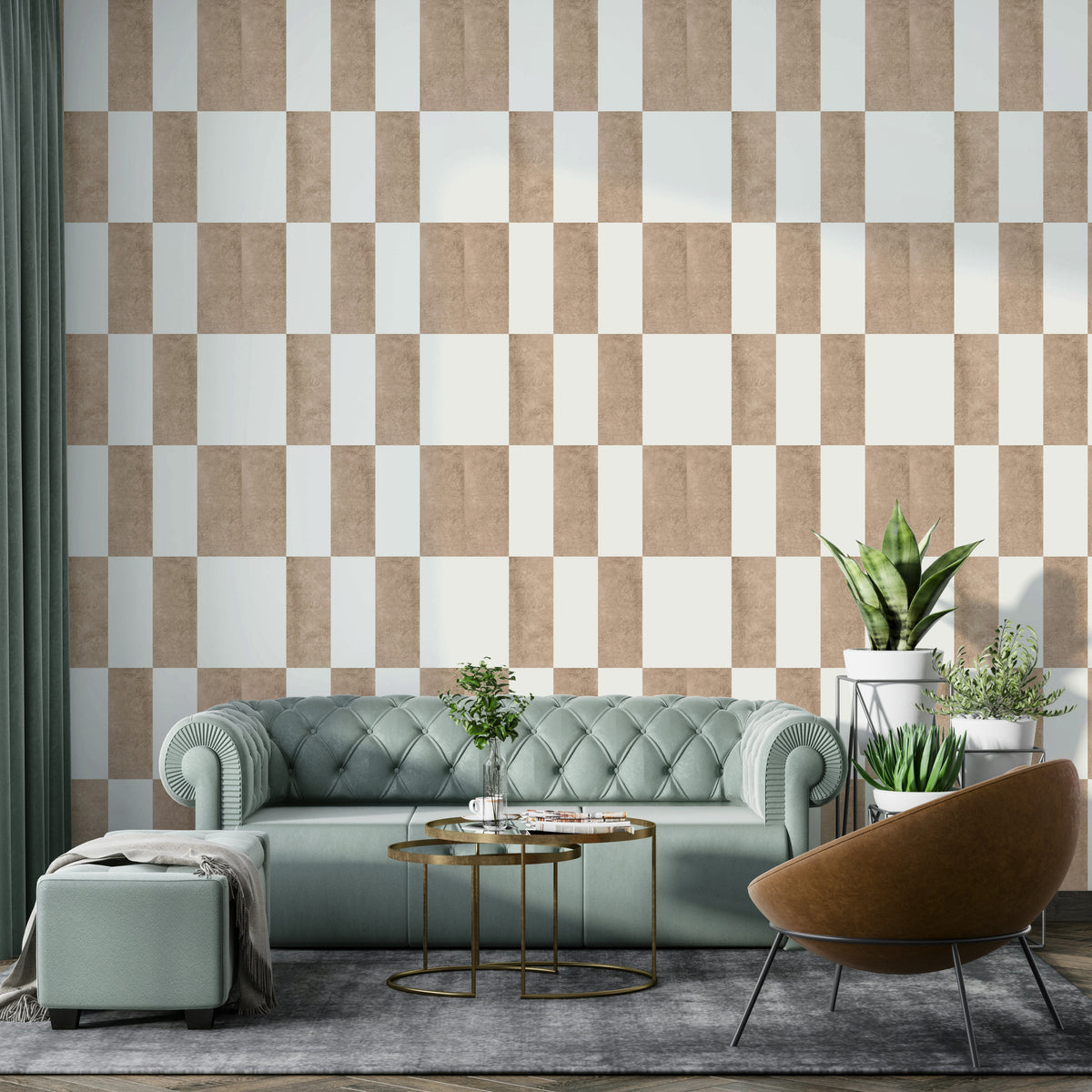 Textured Taupe & White checkerboard wallpaper mural behind a sage tufted sofa and tan chair in a living room