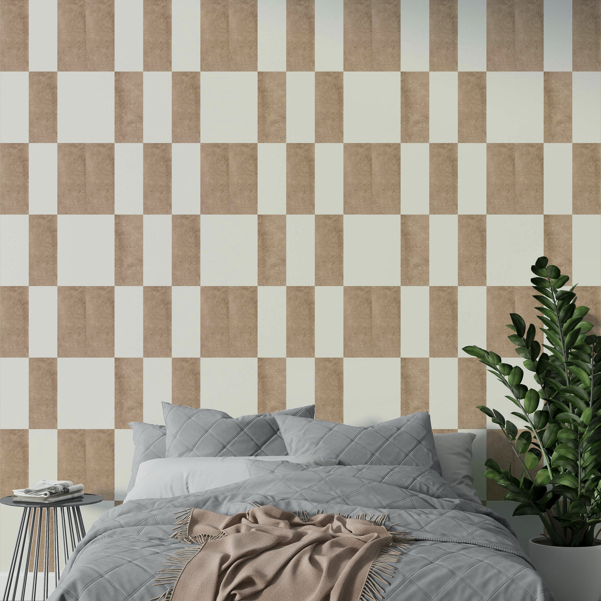 Textured Taupe & White checkerboard wallpaper mural behind a bed with grey bedding and a taupe throw