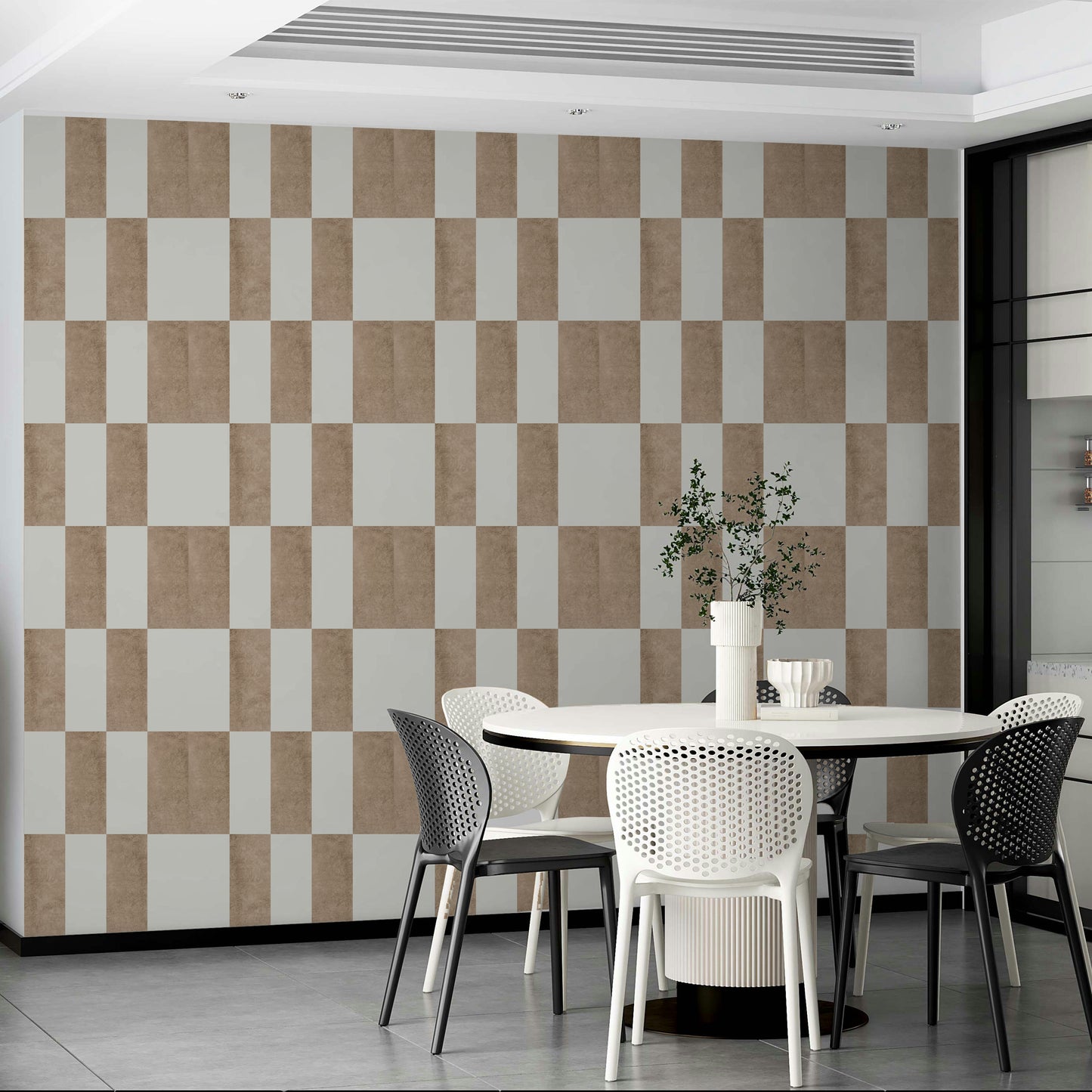 Textured Taupe & White checkerboard wallpaper mural in a dining room with a white table and black chairs