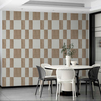 Textured Taupe & White checkerboard wallpaper mural in a dining room with a white table and black chairs