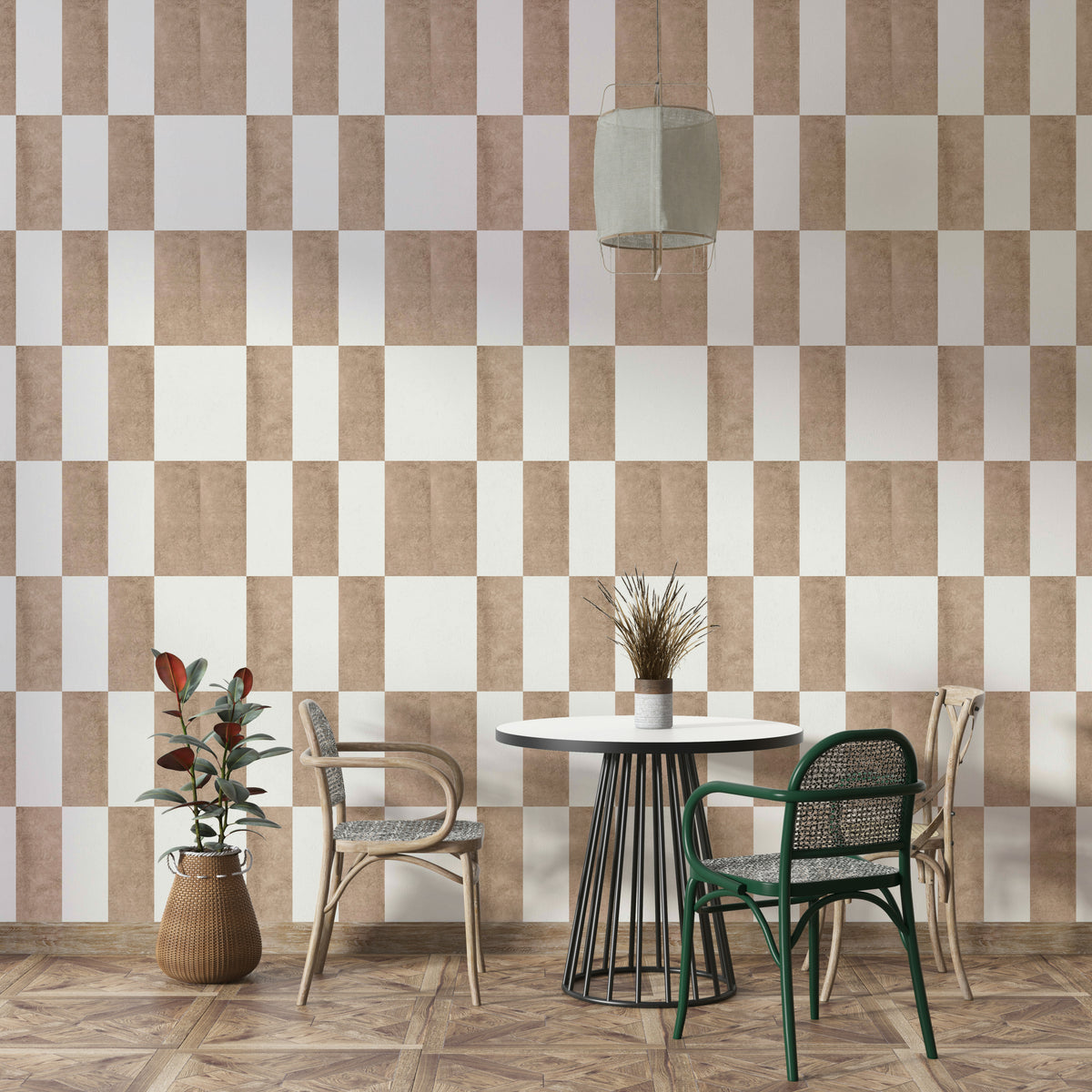 Textured Taupe & White checkerboard wallpaper mural in a dining nook with a white table and rattan chairs