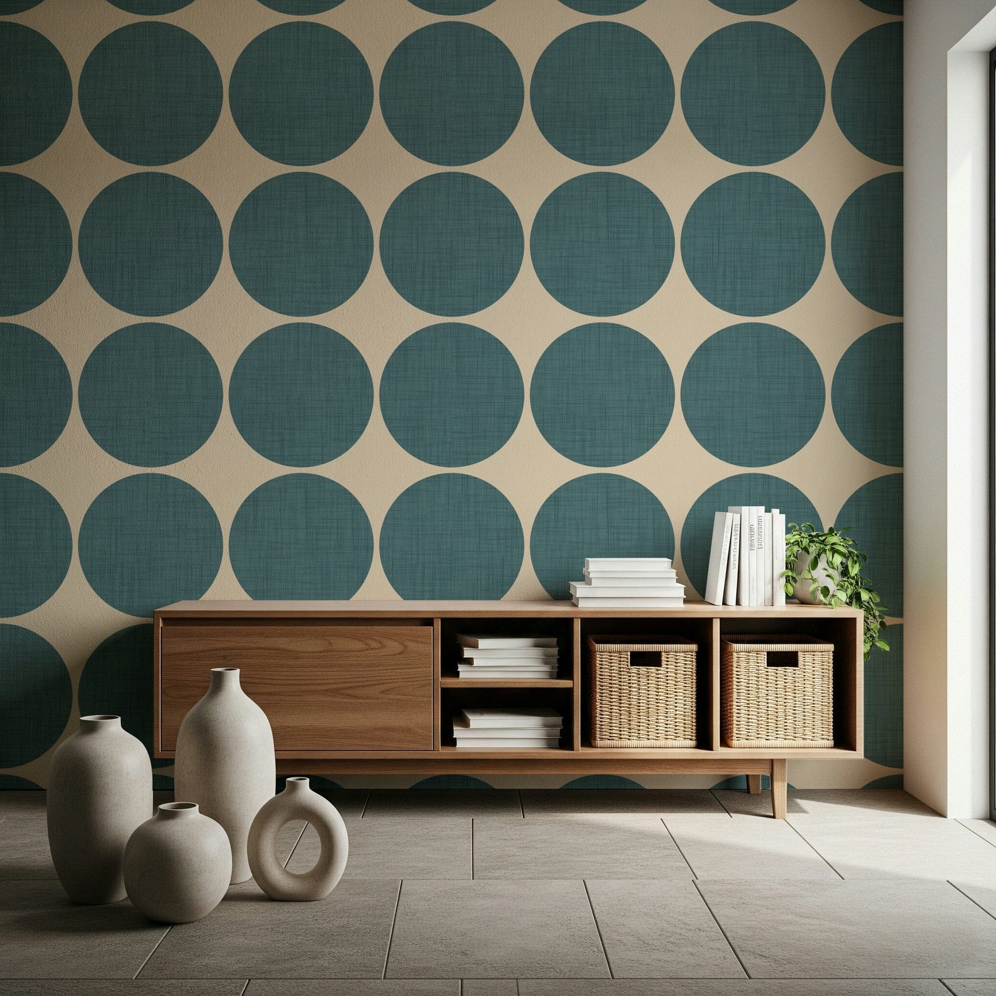 Simple geometric motif with textured teal spheres contrasted against a neutral base