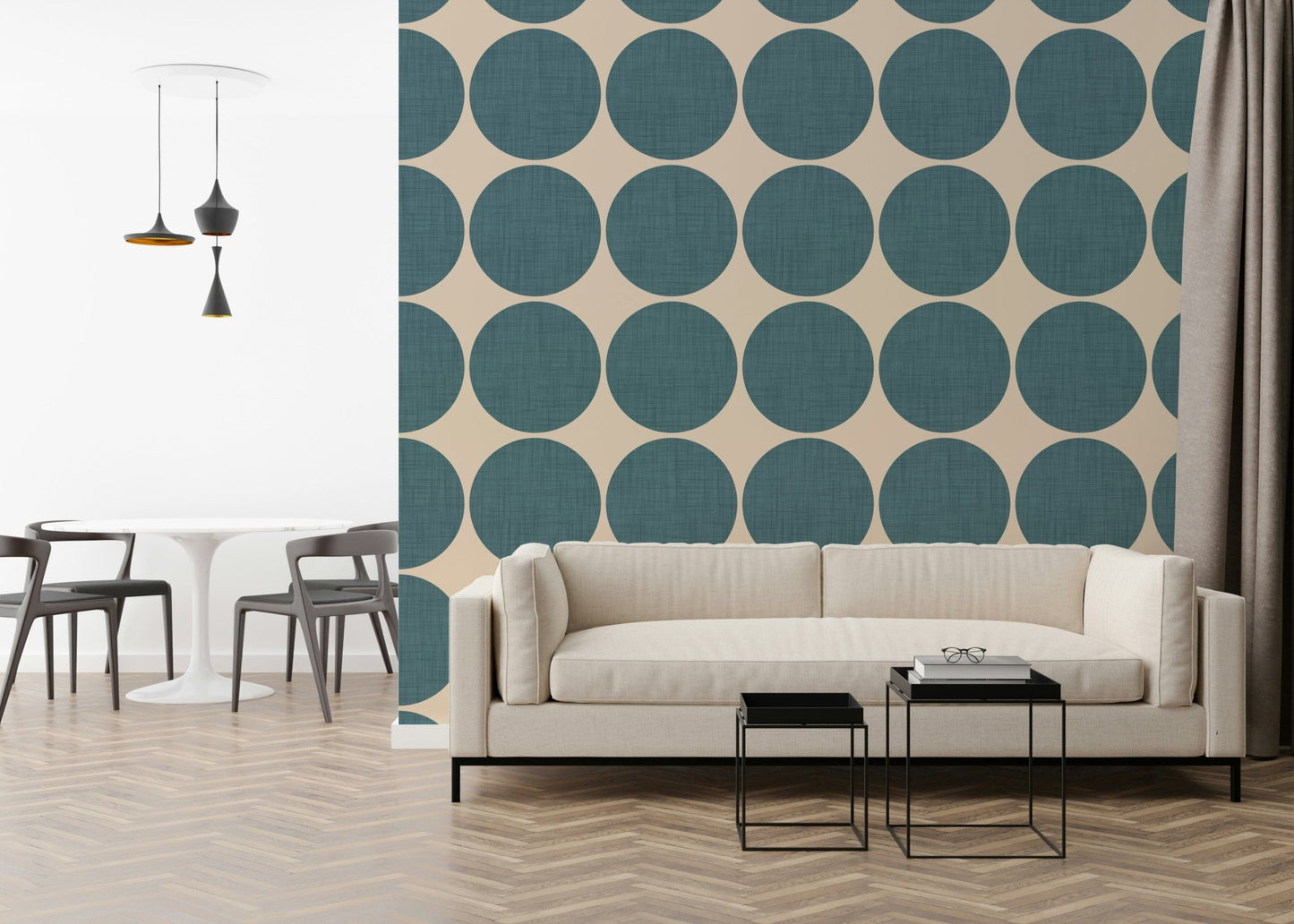 Contemporary wallpaper showcasing oversized teal circles in a uniform grid layout