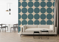 Contemporary wallpaper showcasing oversized teal circles in a uniform grid layout