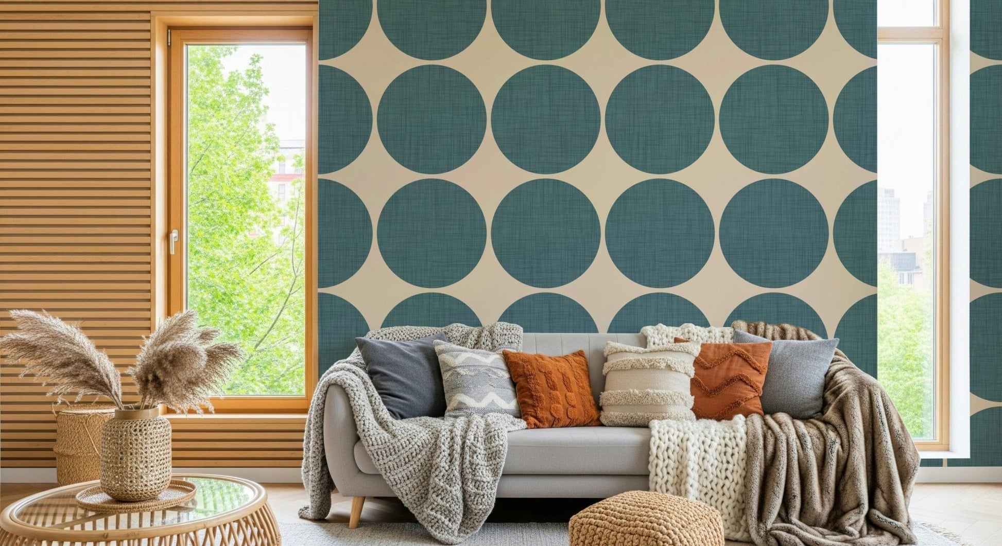 Decorative teal circle wallpaper with a fabric-textured effect on both shapes and background
