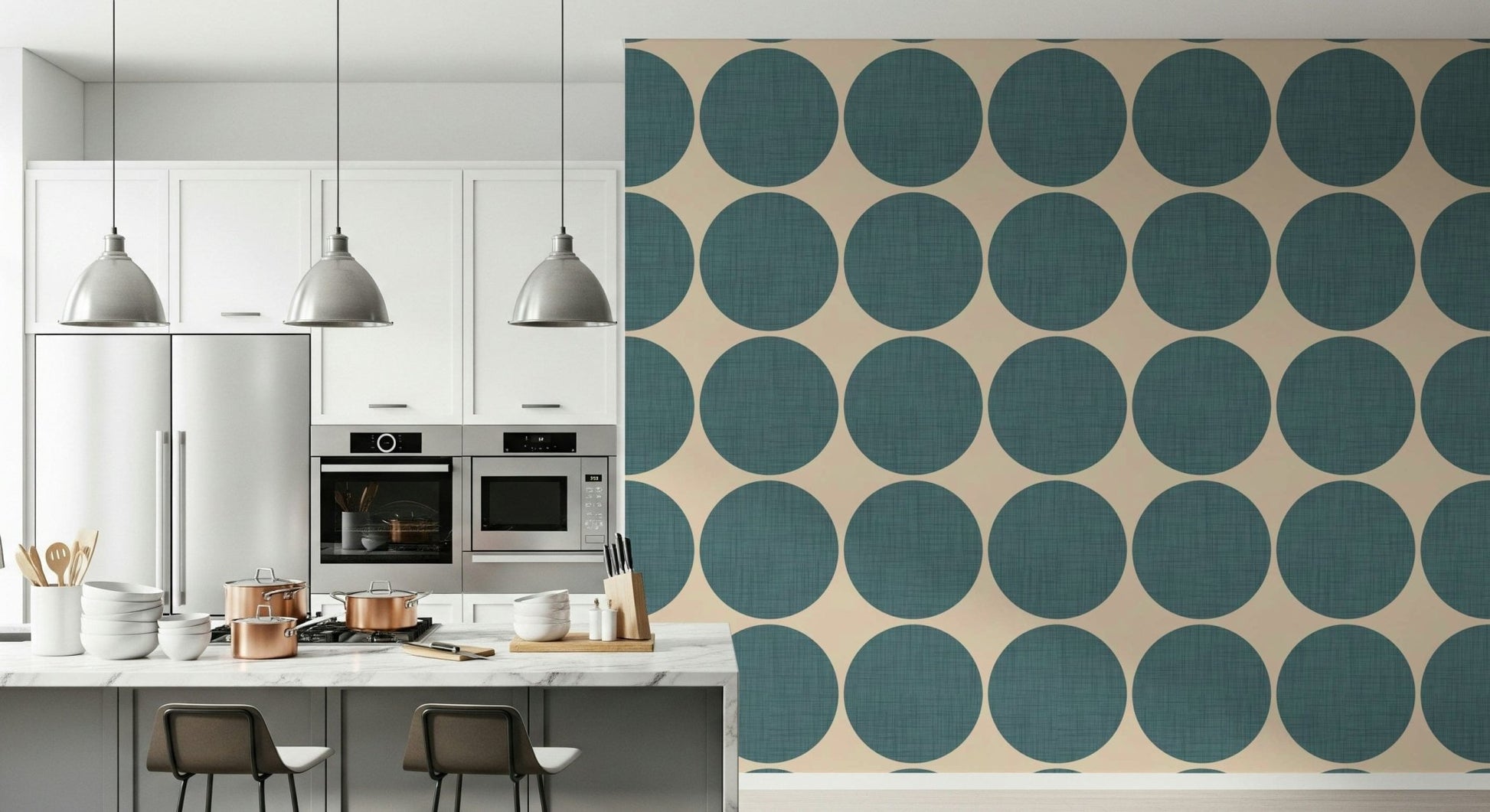 Clean and bold repeating dot pattern with teal circles spread evenly across beige