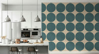 Clean and bold repeating dot pattern with teal circles spread evenly across beige