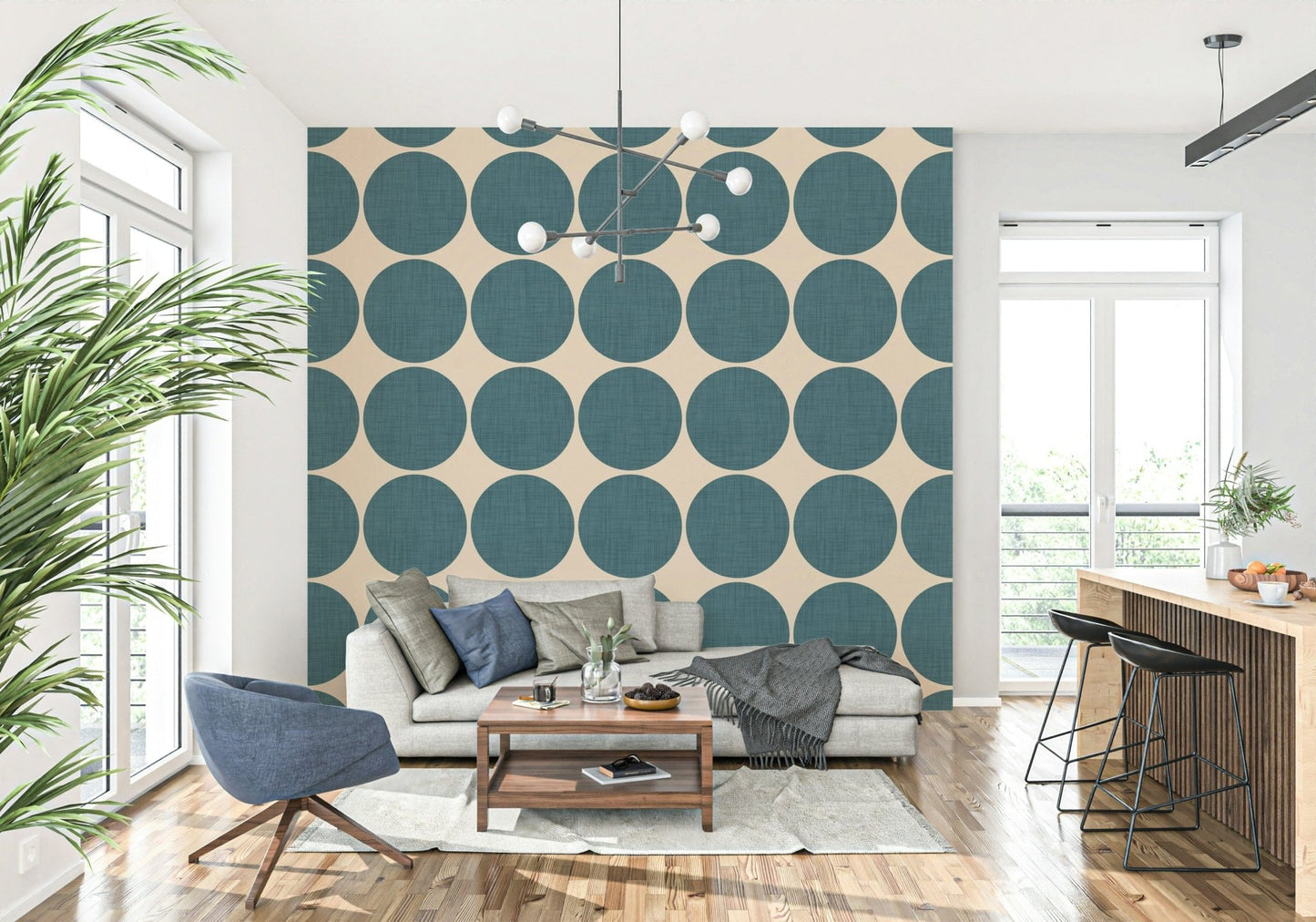 Repeating teal dot pattern with a subtle fabric-like texture on a soft beige surface