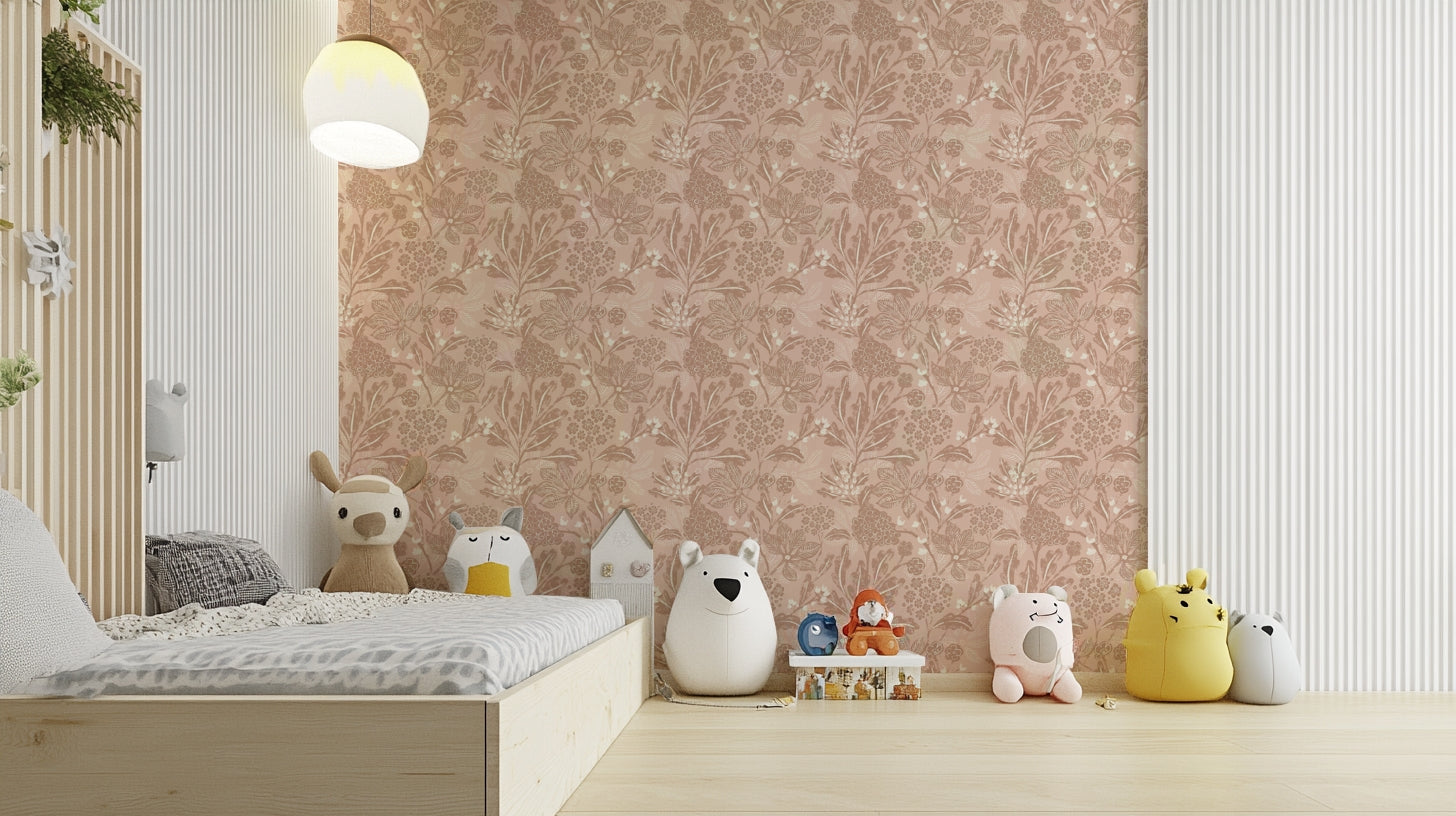 Cozy bedroom with textured terracotta blooms wallpaper design

