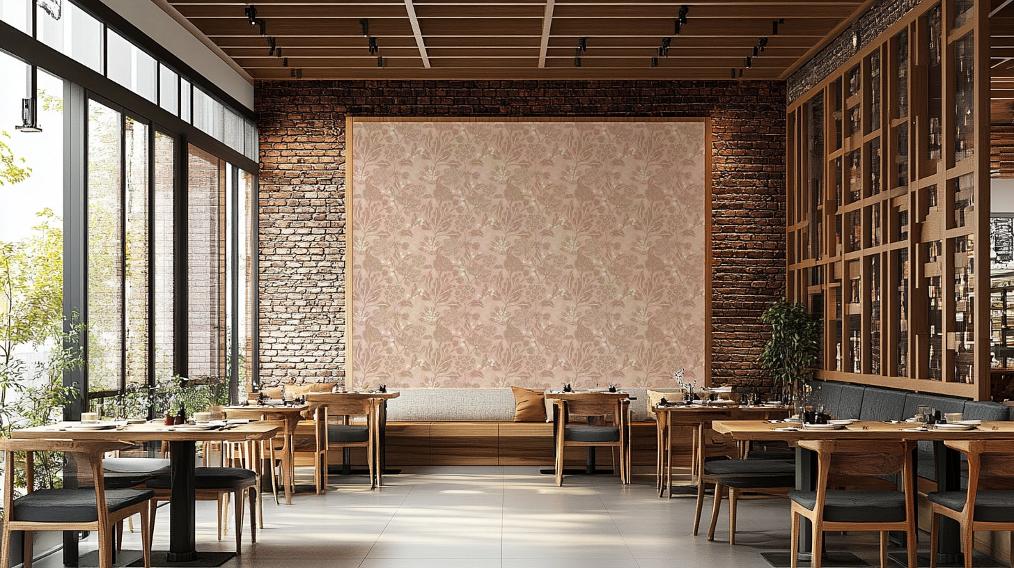 Warm terracotta textured blooms wallpaper in living room

