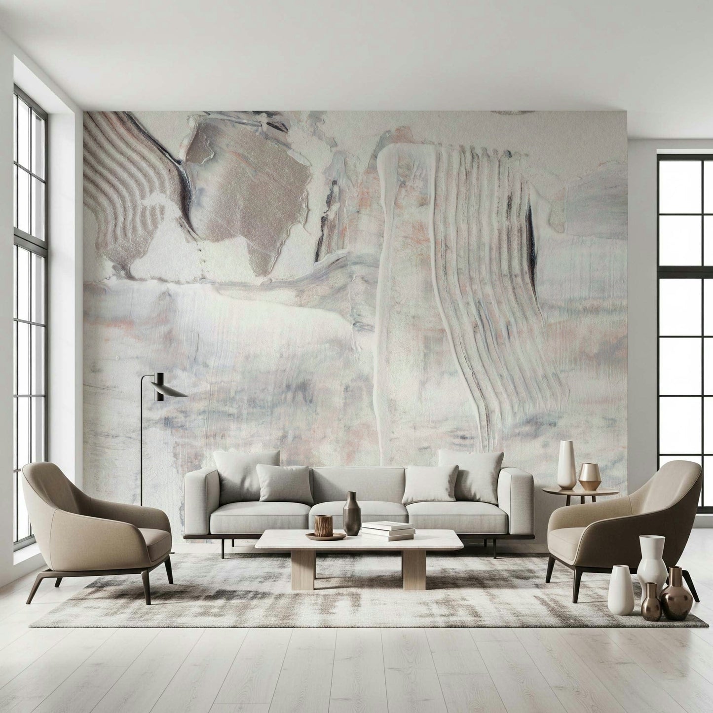 Wall mural with soft blended textures creating a soothing, contemporary aesthetic.